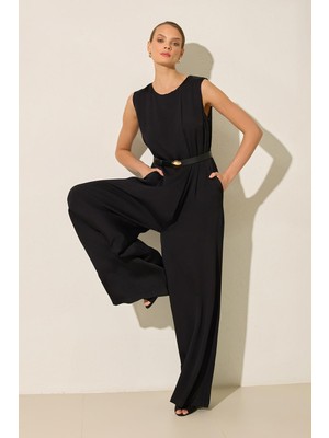 Setre Siyah Kolsuz Bisiklet Yaka Tam Kalıp Rahat Kesim Tulum