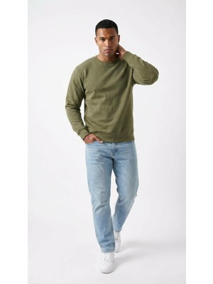 Kly Erkek Bisiklet Yaka Uzun Kollu Basic Sweatshirt %100 Pamuk Olive Renk C4T0N5