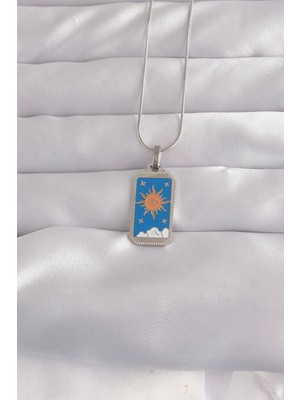Marsilyan 316L Çelik Gümüş Renk Mavi Mineli Güneş Model Tarot Kolye