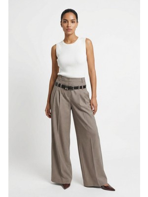 Setre Vizon Pile Detaylı Ve Kemerli Rahat Kesim Geniş Paça Pantolon