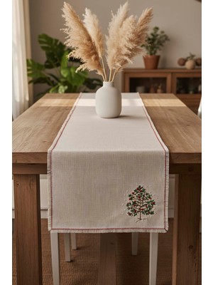 Çam Ağacı Nakışlı Hasır Görünümlü Kenarları Püsküllü Runner 40X115 cm