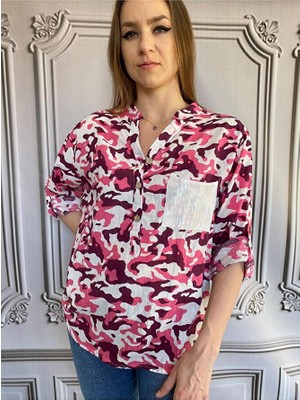 Kadın Kamuflaj Pul Cepli Pamuk Gömlek