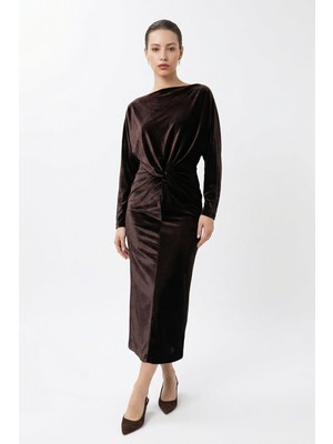 Setre Acı-Kahve Kol Ve Yaka Detaylı Belden Drapeli Midi Boy Elbise