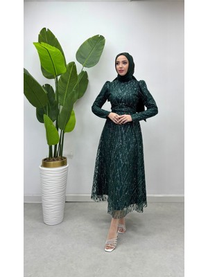Tesettür Diyarı Kadın Işlemeli Tesettür Ayla Abiye - Zümrüt