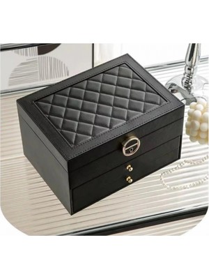 Özer Kutu Lüks Anahtarlı Kapitoneli Deri Büyük Boy Takı, Seyahat ve Mücevher Çantası,kutusu Siyah (17X23 cm )