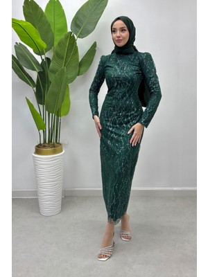 Tesettür Diyarı Kadın Işlemeli Tesettür  Abiye  - Zümrüt