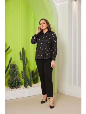 Rmg Papatya Desenli Büyük Beden Siyah Gömlek