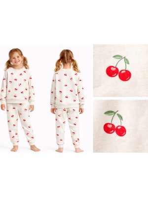Kr Kids Butik Kiraz Desenli Kız Çocuk Eşofman Takımı Krem %100 Pamuk Uzun Kollu