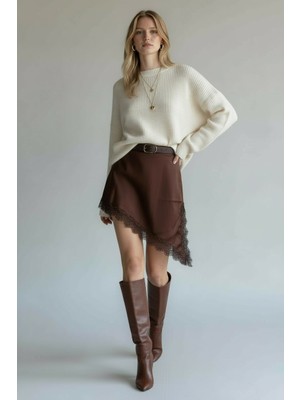 Vireo Club Kadın Acı Kahverengi Saten Dantel Detaylı Yırtmaçlı Etek