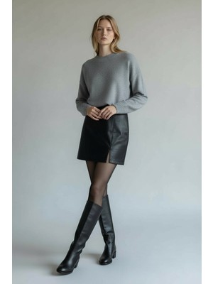 Vireo Club Kadın Siyah Yırtmaç Detaylı Deri Mini Etek