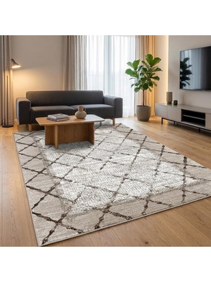 Carpettex Bej Baklava Desenli Açık Zemin Dijital Baskılı Kaymaz Tabanlı Yıkanabilir Modern Halı