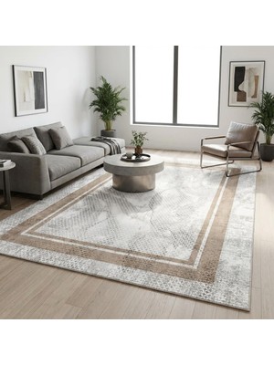 Carpettex Bej Çerçeveli Açık Zemin Soyut Dokulu Halı Dijital Baskı Kaymaz Taban Yıkanabilir Modern