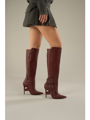 Ayakkabı Prensi Debi Bordo Mat 10 cm Kadın Çizme, Topuklu Çizme