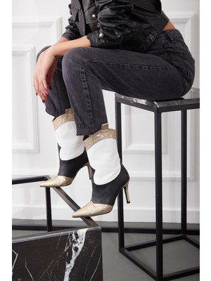 Ayakkabı Prensi Western Kovboy Siyah Beyaz 10 cm Kadın Bot & Bootie, Topuklu Ayakkabı