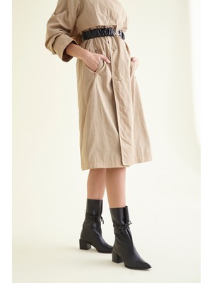 Ayakkabı Prensi Erato Bağcık Detaylı Siyah Mat Siyah 6 cm Kadın Bot & Bootie, Topuklu Ayakkabı