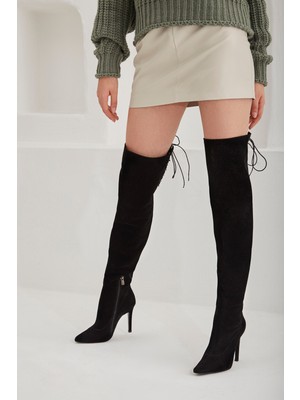 Ayakkabı Prensi Armino Bağcık Detaylı Diz Üstü Siyah Suet 10 cm Kadın Çizme, Topuklu Çizme