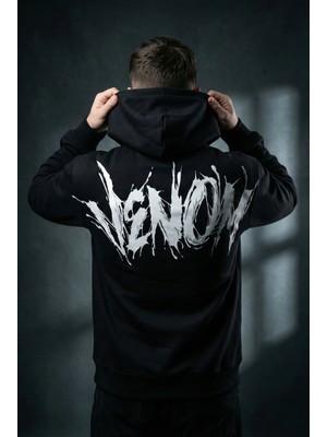 Liber Venom Siyah Hoodie Oversize Sırtı Baskılı 3 Iplik Şardonlu Sweatshirt