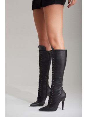 Ayakkabı Prensi Kadın Siyah Polly Bağcıklı Çizme Mat Çizme, Topuklu