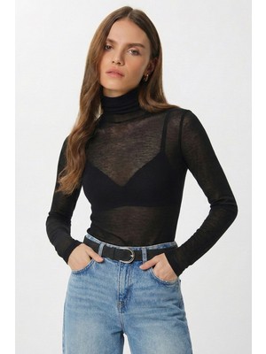 Happiness İstanbul Balıkçı Yaka Transparan Örme Bluz LMC0081 Siyah