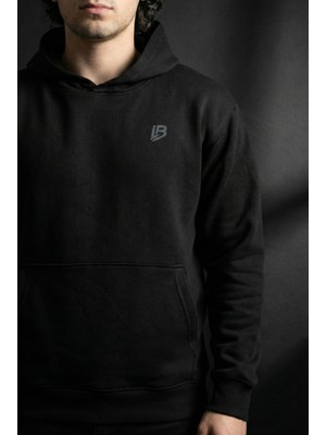 Liber Premium Siyah Oversize Hoodie Siyah 3 Iplik Şardonlu Sweatshirt