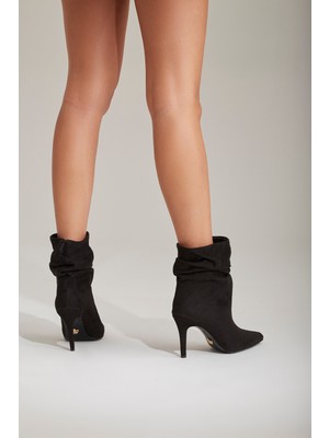 Ayakkabı Prensi Ricki Körüklü Siyah Suet 8 cm Kadın Bot & Bootie, Topuklu Ayakkabı