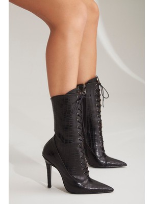 Ayakkabı Prensi Nemesis Bağcıklı Siyah Kroko 10 cm Kadın Bot & Bootie, Topuklu Ayakkabı