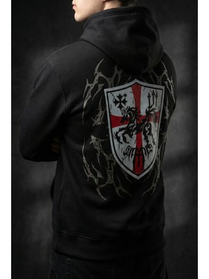 Liber Dark Knight Siyah Sırtı Şövalye Kalkanı Baskılı Oversize Hoodie Gotik Sweatshirt