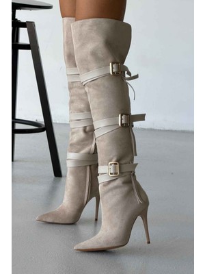 Ayakkabı Prensi Roma Toka Detaylı Diz Üstü Ten Süet