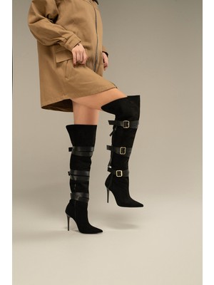Ayakkabı Prensi Roma Toka Detaylı Diz Üstü Siyah Süet Siyah Suet 10 cm Kadın Çizme, Topuklu Çizme