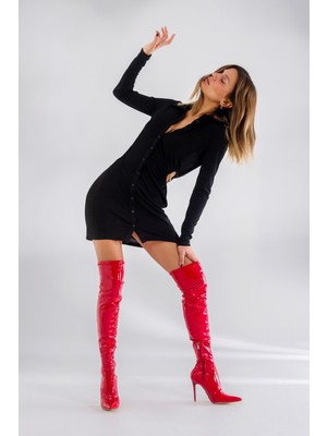 Ayakkabı Prensi Diz Üstü Streç Çizme Kirmizi Rugan Kadın Çizme, Topuklu