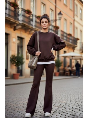 Seviliko Kadın Çıma Detaylı Likralı Toparlayıcı Ispanyol Paça Pantolon Sweatshirt Takım