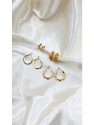 Altın Rengi 4 Çift Küçük Boy Taşlı ve Klipsli Küpeler