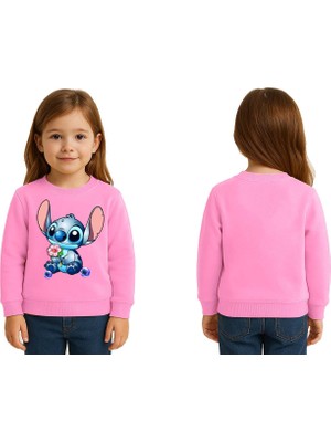 Sedirli Unisex Stitch Baskılı Çocuk Swaetshirt 3 Iplik Şardonlu