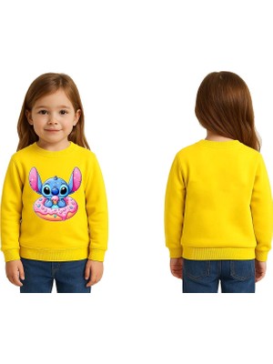 Sedirli Unisex Stitch Baskılı Çocuk Swaetshirt 3 Iplik Şardonlu