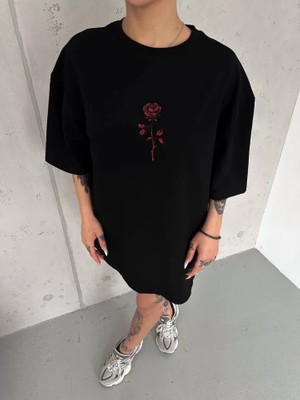 Cottonlab Unisex Bisiklet Yaka Baskılı Oversize T-Shirt - Siyah