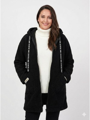 Zer Otantik Kapüşonlu Buklet Büyük Beden  Diz Üstü Mont Siyah