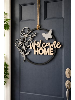 Antilop Welcome Home Yazılı Modern Kapı Süsü – Çiçek ve Kelebek Figürlü Duvar & Kapı Dekoru
