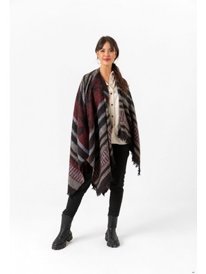 Avoria Kadın Kırmızı Gri Etnik Desenli Çift Taraflı Soft Dokulu Panço