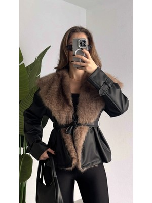 Asfa Moda Kadın Siyah Kemerli Kürk Yaka Deri Ceket Siyah Kışlık