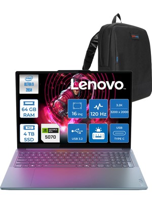 Lenovo Yoga Pro 9 Intel Ultra 9 285H 64GB 4tb SSD 8GB/RTX5070 16" 3.2k (3200X2000) OLED 1600NITS 120Hz Freedos Dokunmatik Taşınabilir Bilgisayar 83L0002HTRF24 + Zettaçanta