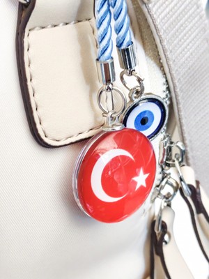 Ipli Türk Bayraklı Nazar Boncuklu Cam Çanta Süsü