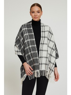 Avoria Kadın Gri Ekose Desenli Püsküllü Soft Dokulu Panço
