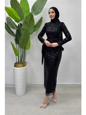 Tesettür Diyarı Bilekleri Kurdela Detaylı Tesettür Abiye - Siyah