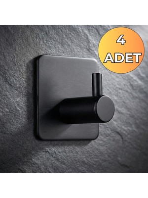 ALMITAL 4 ADET Gancio Siyah Kendinden Yapışkanlı Paslanmaz Çelik Topuzlu Askılık - Havlu Askısı