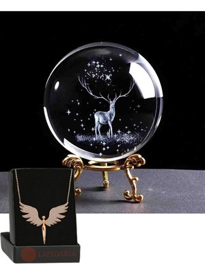 UltraNova 3D Karlar Ülkesi Geyik Tasarımlı Metal Ayaklı Cam Küre ve Melek Kolye
