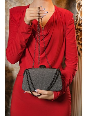 Roza Çanta Platin Simli Zincir Askılı El Omuz Abiye Dügün Gece Çantası