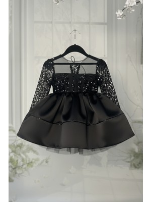 Bertuğ Bebek Boncuk Dantelli Kız Çocuk Bebek Kabarık Siyah Elbise