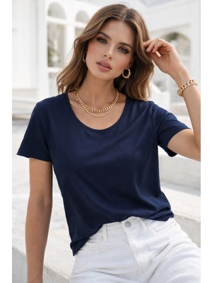 Rich Kadın Lacivert Bisiklet Yaka Kısa Kollu Tişört