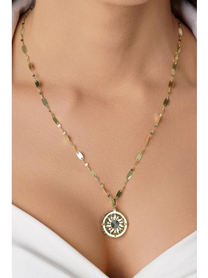 Fiyonk Kuyumculuk 14 Ayar Altın Kalın Aynalı Zincirli Güneş Uçlu Kolye