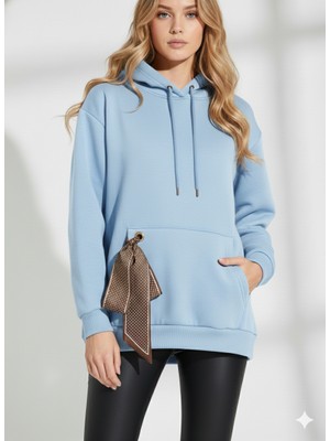 Ribana Classic Kadın Kapüşonlu Yumuşak Dokulu Cep Detaylı Fularlı Uzun Kollu Sweatshirt